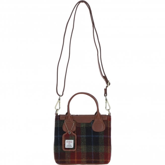 Ashwood Leather & Harris Tweed® Cloth Handbag with Removable Crossbody Strap Tan/Green/Red: TW-21-08-TR