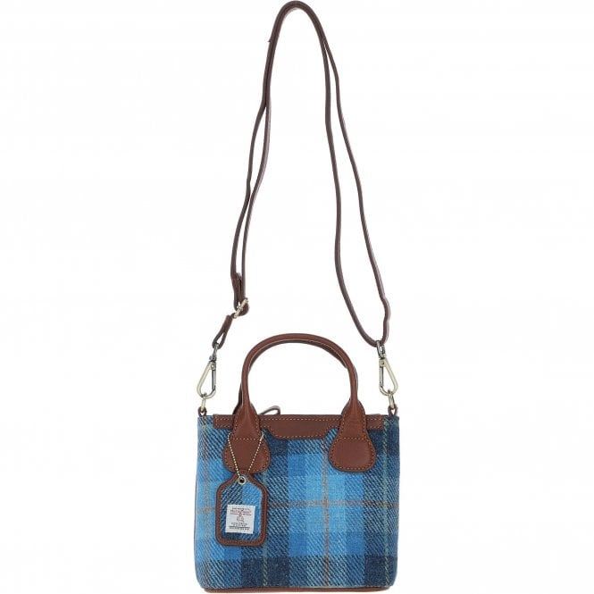 Ashwood Leather & Harris Tweed® Cloth Handbag with Removable Crossbody Strap Tan/LT Blue: TW-21-05-TB