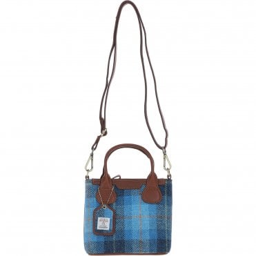 Ashwood Leather & Harris Tweed® Cloth Handbag with Removable Crossbody Strap Tan/LT Blue: TW-21-05-TB