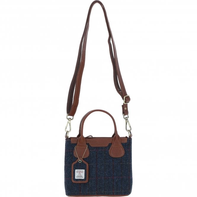 Ashwood Leather & Harris Tweed® Cloth Handbag with Removable Crossbody Strap Tan/Navy: TW-21-011-TN
