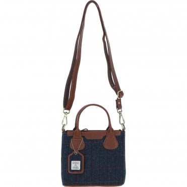 Ashwood Leather & Harris Tweed® Cloth Handbag with Removable Crossbody Strap Tan/Navy: TW-21-011-TN