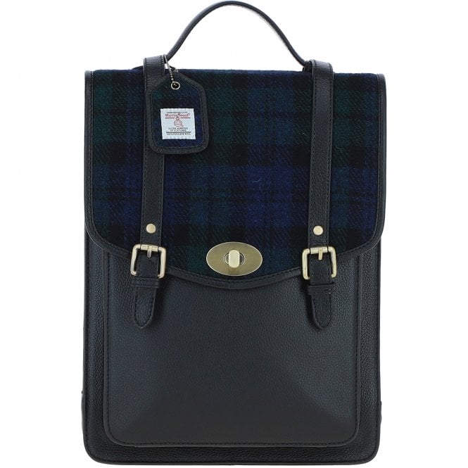 Ashwood Leather & Harris Tweed® Cloth Large Backpack with Twist Lock Black/Watch: TW-38-03-BW