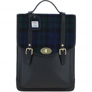 Ashwood Leather & Harris Tweed® Cloth Large Backpack with Twist Lock Black/Watch: TW-38-03-BW