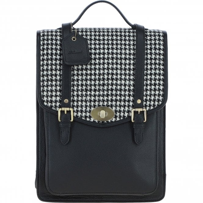 Ashwood Leather & Harris Tweed® Cloth Large Backpack with Twist Lock Black/White: TW-38-12-BW