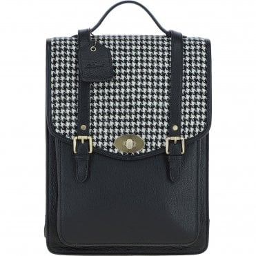 Ashwood Leather & Harris Tweed® Cloth Large Backpack with Twist Lock Black/White: TW-38-12-BW