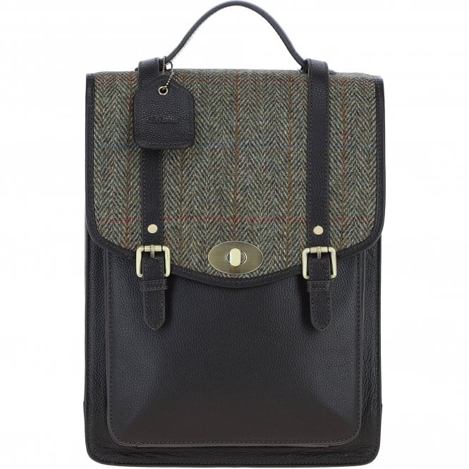 Ashwood Leather & Harris Tweed® Cloth Large Backpack with Twist Lock Brown/Green: TW-38-09-BG