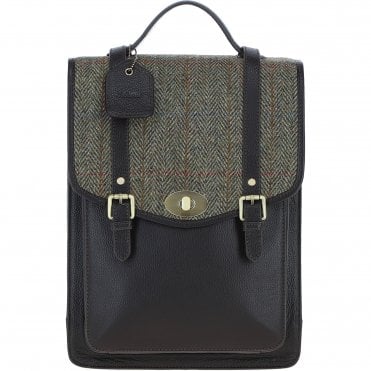 Ashwood Leather & Harris Tweed® Cloth Large Backpack with Twist Lock Brown/Green: TW-38-09-BG