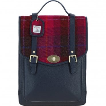Ashwood Leather & Harris Tweed® Cloth Large Backpack with Twist Lock Navy/Pink: TW-38-06-NP