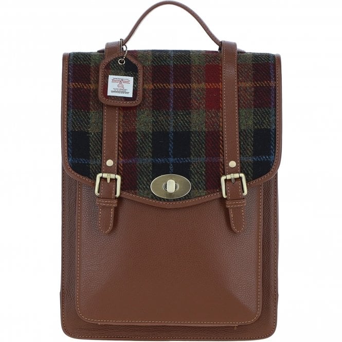 Ashwood Leather & Harris Tweed® Cloth Large Backpack with Twist Lock Tan/Green/Red: TW-38-08-TR
