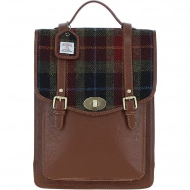 Ashwood Leather & Harris Tweed® Cloth Large Backpack with Twist Lock Tan/Green/Red: TW-38-08-TR