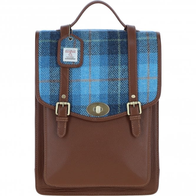 Ashwood Leather & Harris Tweed® Cloth Large Backpack with Twist Lock Tan/LT Blue: TW-38-05-TB