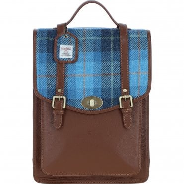 Ashwood Leather & Harris Tweed® Cloth Large Backpack with Twist Lock Tan/LT Blue: TW-38-05-TB