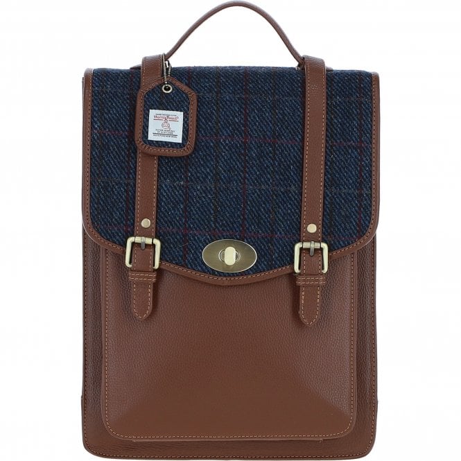Ashwood Leather & Harris Tweed® Cloth Large Backpack with Twist Lock Tan/Navy: TW-38-11-TN