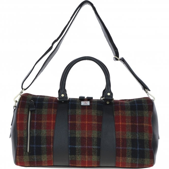 Ashwood Leather & Harris Tweed® Cloth Large Holdall Black/Green/Red: TW-47-07-BR