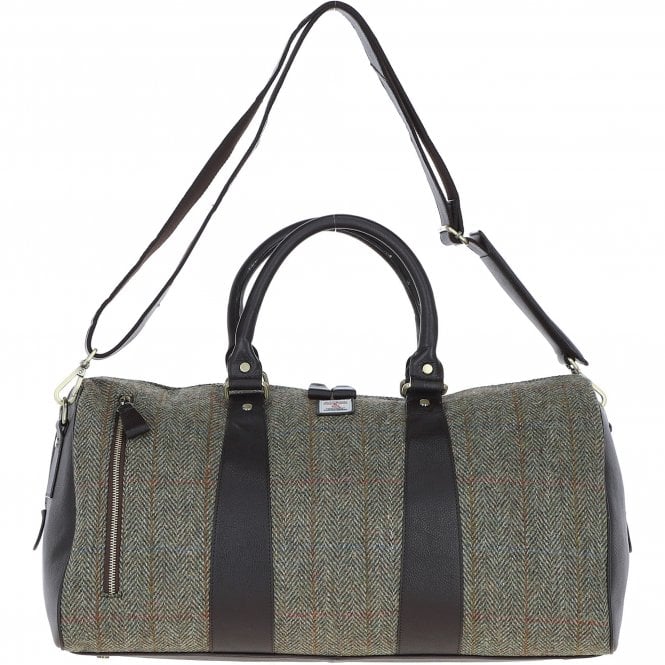 Ashwood Leather & Harris Tweed® Cloth Large Holdall Brown/Green: TW-47-09-BG