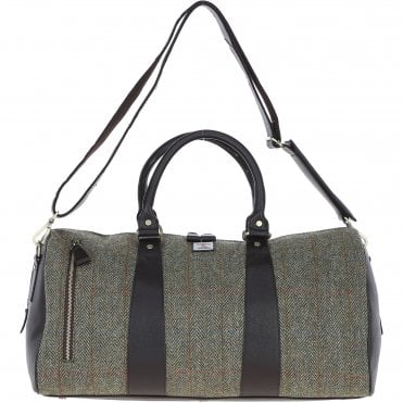 Ashwood Leather & Harris Tweed® Cloth Large Holdall Brown/Green: TW-47-09-BG