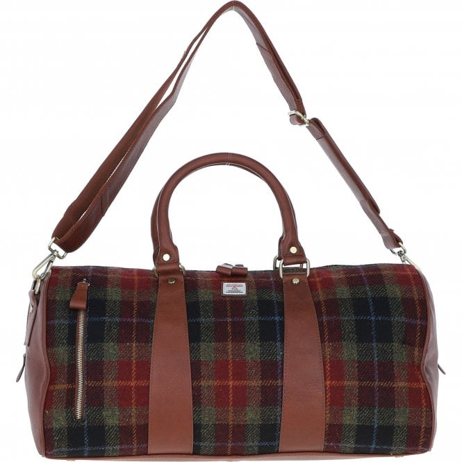 Ashwood Leather & Harris Tweed® Cloth Large Holdall Tan/Green/Red: TW-47-08-TR