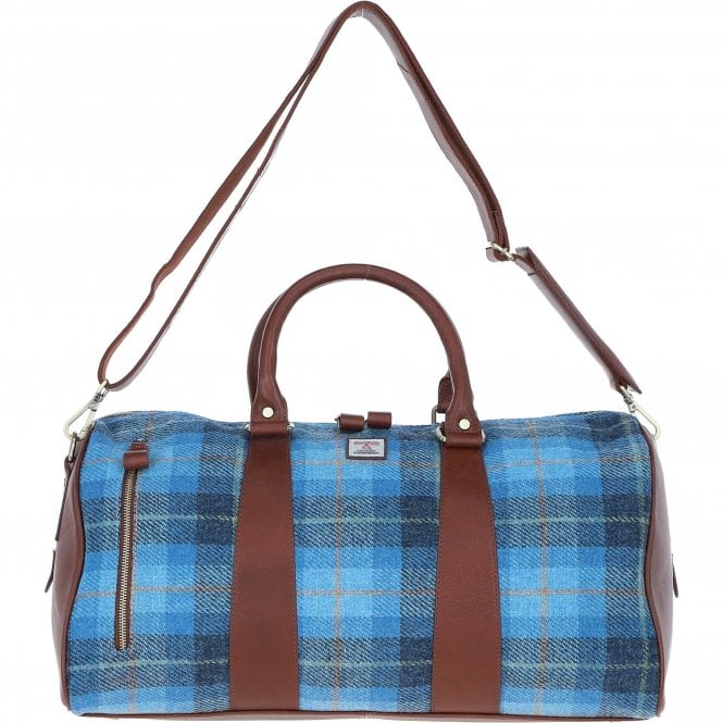 Ashwood Leather & Harris Tweed® Cloth Large Holdall Tan/LT Blue: TW-47-05-TB