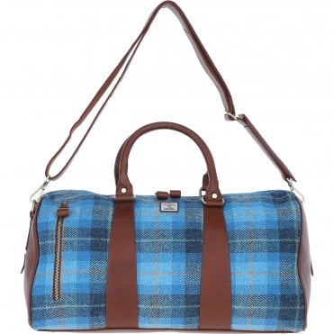 Ashwood Leather & Harris Tweed® Cloth Large Holdall Tan/LT Blue: TW-47-05-TB