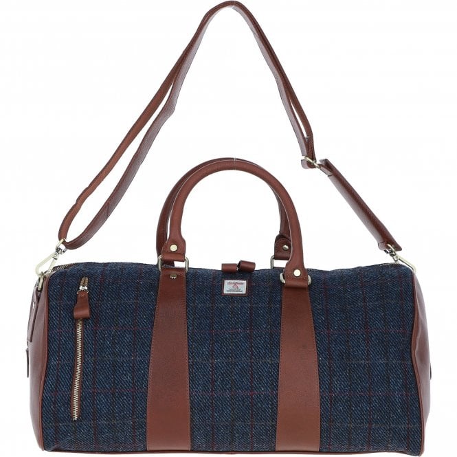 Ashwood Leather & Harris Tweed® Cloth Large Holdall Tan/Navy: TW-47-11-TN
