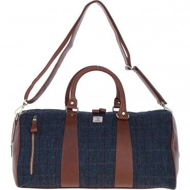 Ashwood Leather & Harris Tweed® Cloth Large Holdall Tan/Navy: TW-47-11-TN