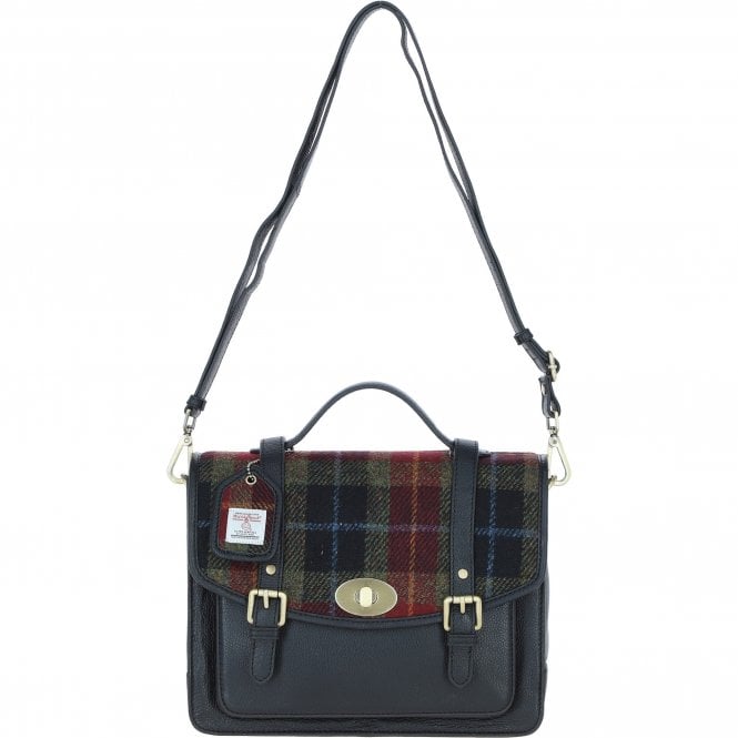 Ashwood Leather & Harris Tweed® Cloth Large Satchel Bag with Twist Lock Black/Green/Red: TW-35-07-BR