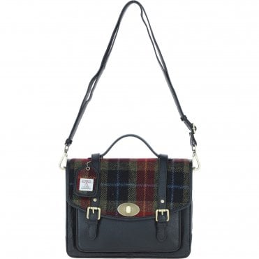 Ashwood Leather & Harris Tweed® Cloth Large Satchel Bag with Twist Lock Black/Green/Red: TW-35-07-BR