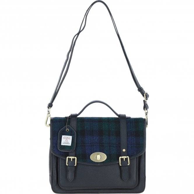 Ashwood Leather & Harris Tweed® Cloth Large Satchel Bag with Twist Lock Black/Watch: TW-35-03-BW