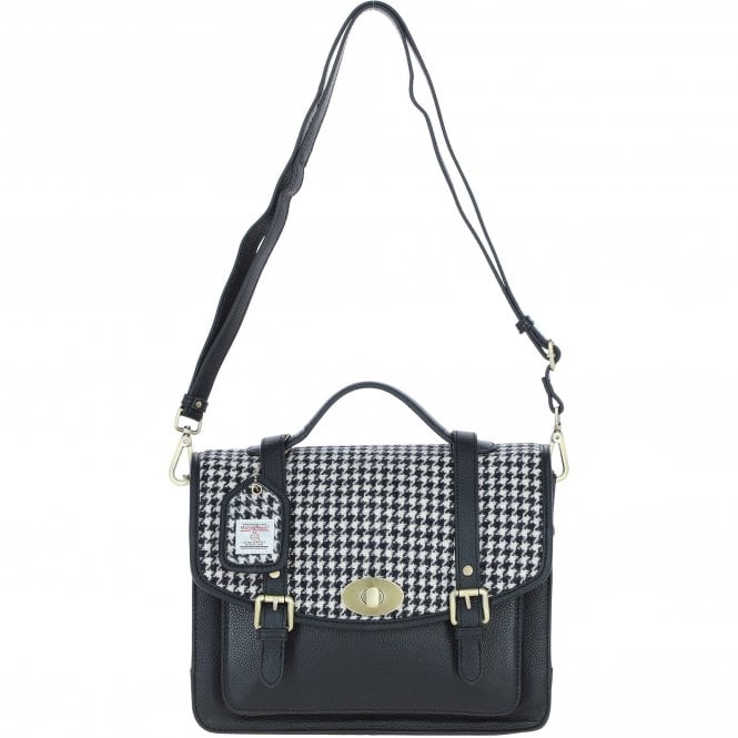 Ashwood Leather & Harris Tweed® Cloth Large Satchel Bag with Twist Lock Black/White: TW-35-12-BW