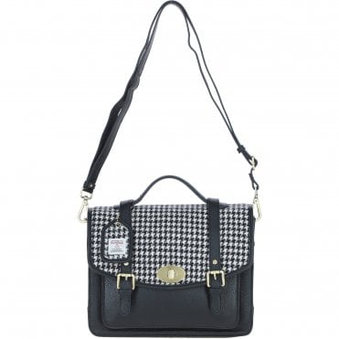 Ashwood Leather & Harris Tweed® Cloth Large Satchel Bag with Twist Lock Black/White: TW-35-12-BW