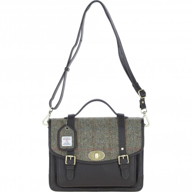 Ashwood Leather & Harris Tweed® Cloth Large Satchel Bag with Twist Lock Brown/Green: TW-35-09-BG