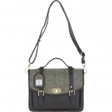 Ashwood Leather & Harris Tweed® Cloth Large Satchel Bag with Twist Lock Brown/Green: TW-35-09-BG