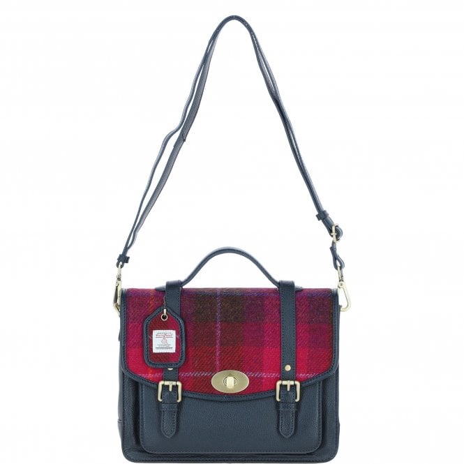 Ashwood Leather & Harris Tweed® Cloth Large Satchel Bag with Twist Lock Navy/Pink: TW-35-06-NP