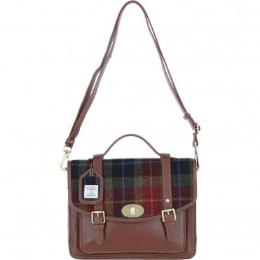 Ashwood Leather & Harris Tweed® Cloth Large Satchel Bag with Twist Lock Tan/Green/Red: TW-35-08-TR