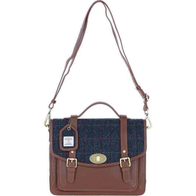 Ashwood Leather & Harris Tweed® Cloth Large Satchel Bag with Twist Lock Tan/Navy: TW-35-11-TN