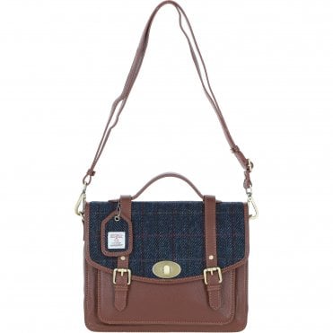 Ashwood Leather & Harris Tweed® Cloth Large Satchel Bag with Twist Lock Tan/Navy: TW-35-11-TN