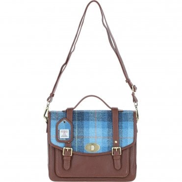 Ashwood Leather & Harris Tweed® Cloth Large Satchel Bag with Twist Lock Tan/TL Blue: TW-35-05-TB