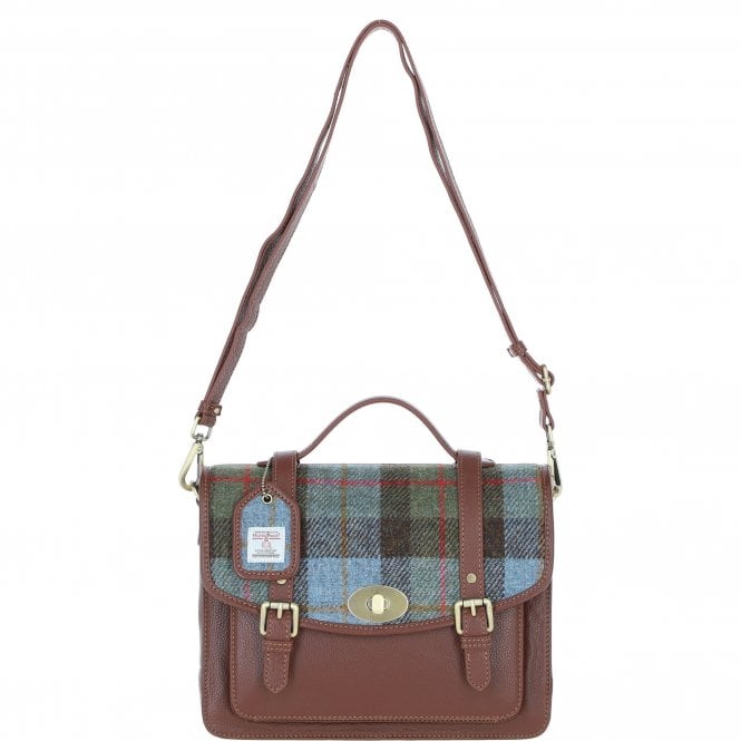 Ashwood Leather & Harris Tweed® Cloth Large Satchel Bag with Twist Lock Tann/Mcload: TW-35-02-TM