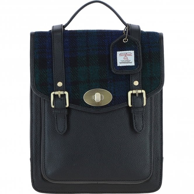 Ashwood Leather & Harris Tweed® Cloth Medium Backpack with Twist Lock Black/Watch: TW-37-03-BW