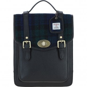 Ashwood Leather & Harris Tweed® Cloth Medium Backpack with Twist Lock Black/Watch: TW-37-03-BW