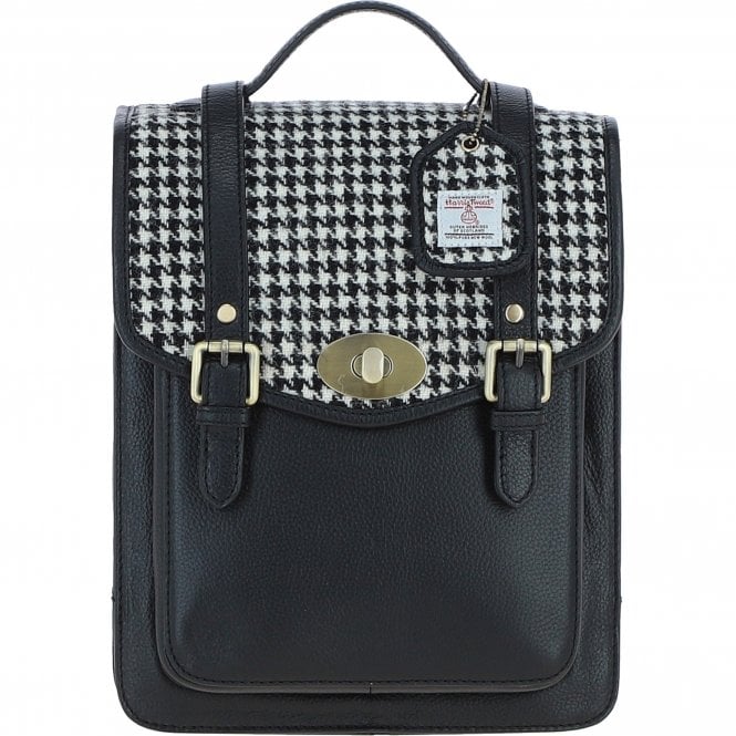 Ashwood Leather & Harris Tweed® Cloth Medium Backpack with Twist Lock Black/White: TW-37-012-BW