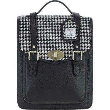 Ashwood Leather & Harris Tweed® Cloth Medium Backpack with Twist Lock Black/White: TW-37-012-BW