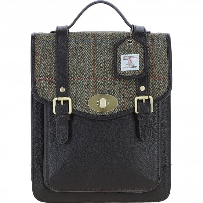 Ashwood Leather & Harris Tweed® Cloth Medium Backpack with Twist Lock Brown/Green: TW-37-09-BG