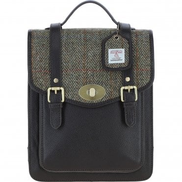 Ashwood Leather & Harris Tweed® Cloth Medium Backpack with Twist Lock Brown/Green: TW-37-09-BG