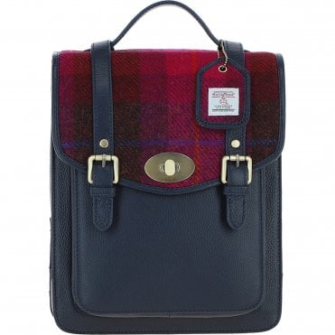 Ashwood Leather & Harris Tweed® Cloth Medium Backpack with Twist Lock Navy/Pink: TW-37-06-NP
