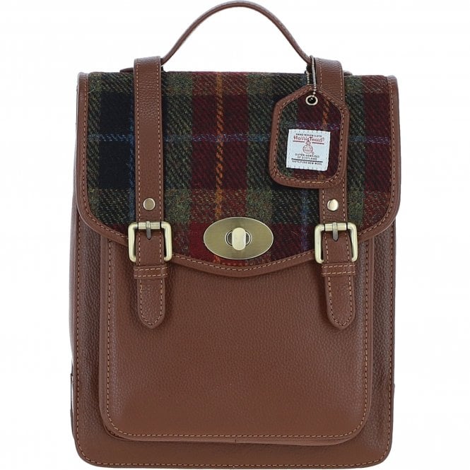 Ashwood Leather & Harris Tweed® Cloth Medium Backpack with Twist Lock Tan/Green/Red: TW-37-08-TR