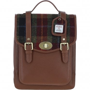 Ashwood Leather & Harris Tweed® Cloth Medium Backpack with Twist Lock Tan/Green/Red: TW-37-08-TR