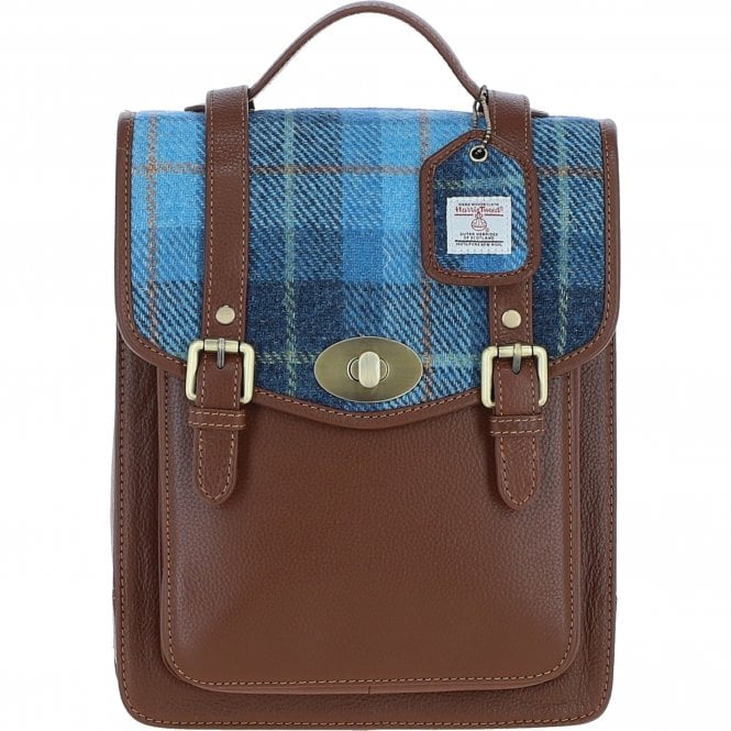 Ashwood Leather & Harris Tweed® Cloth Medium Backpack with Twist Lock Tan/LT Blue: TW-37-05-TB