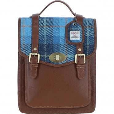 Ashwood Leather & Harris Tweed® Cloth Medium Backpack with Twist Lock Tan/LT Blue: TW-37-05-TB