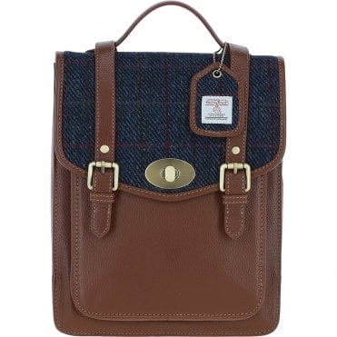 Ashwood Leather & Harris Tweed® Cloth Medium Backpack with Twist Lock Tan/Navy: TW-37-011-TN